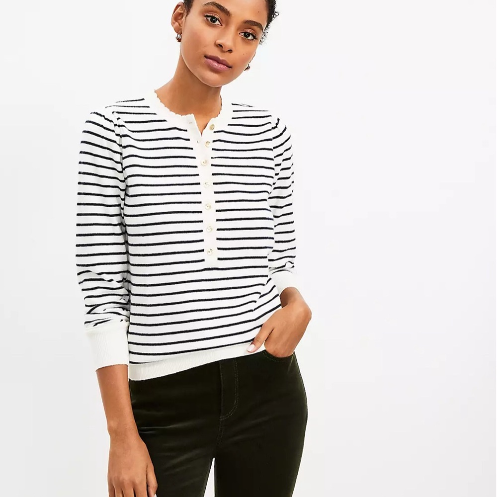 LOFT Black and White Striped V-Neck Sweater